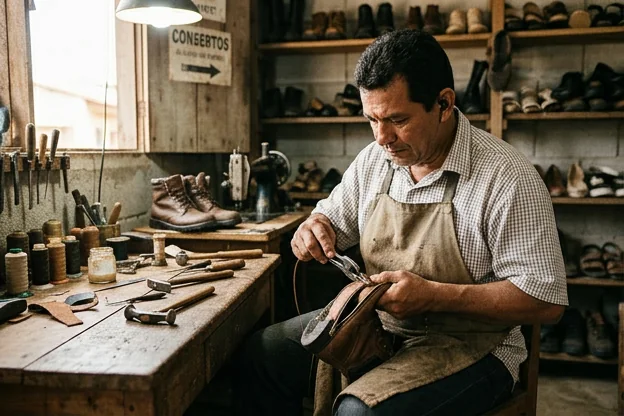 Profissional consertando o zíper de uma bota em Breves.