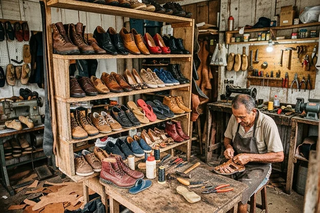 Vários tipos de sapatos expostos em uma mesa, representando opções de escolha.
