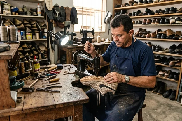 Profissional reparando um tênis em Breves com ferramentas adequadas.