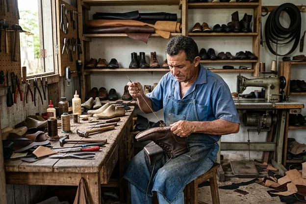 Sapateiro em Breves selecionando ferramentas para um reparo de calçados.