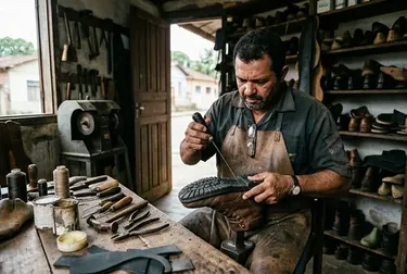 Sapateiro trocando o solado de um sapato em Breves com ferramentas.